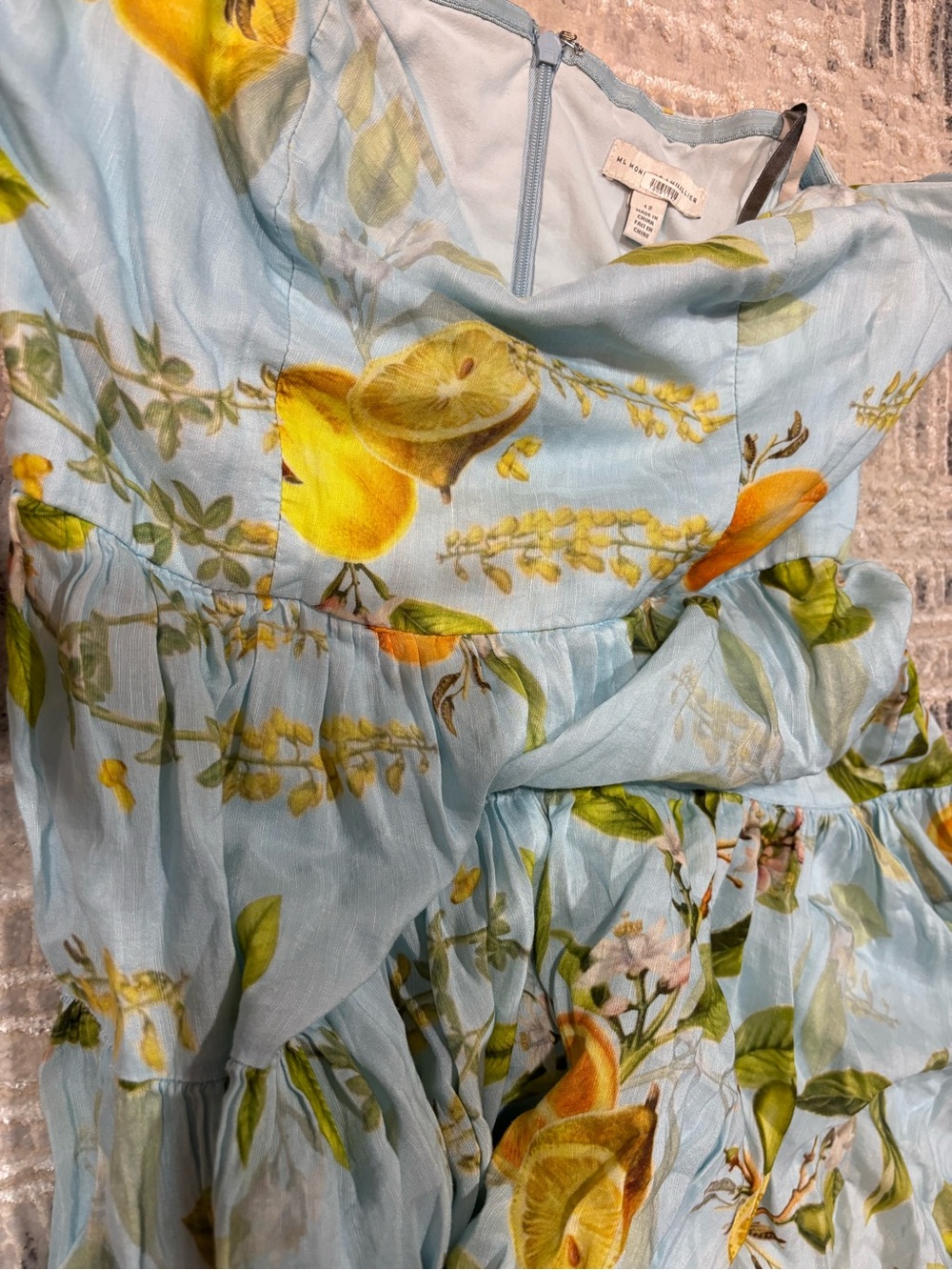 Monique Lhuillier Light Blue Strapless Lemon-Print Mini Dress - Picture 9 of 9